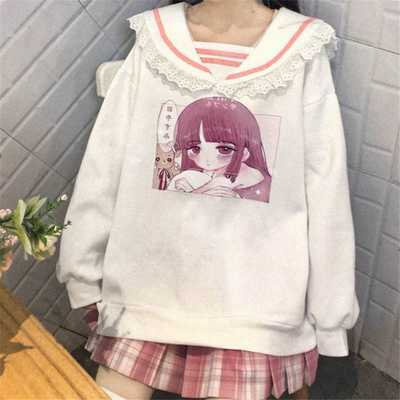 Japanese Sweet And Young Girl Print Navy Collar Sweatshirt