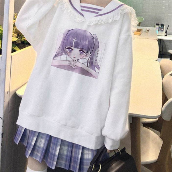 Japanese Sweet And Young Girl Print Navy Collar Sweatshirt