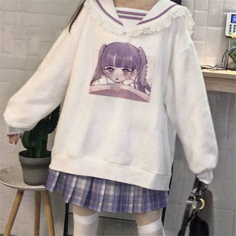 Japanese Sweet And Young Girl Print Navy Collar Sweatshirt