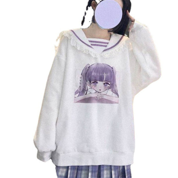 Japanese Sweet And Young Girl Print Navy Collar Sweatshirt