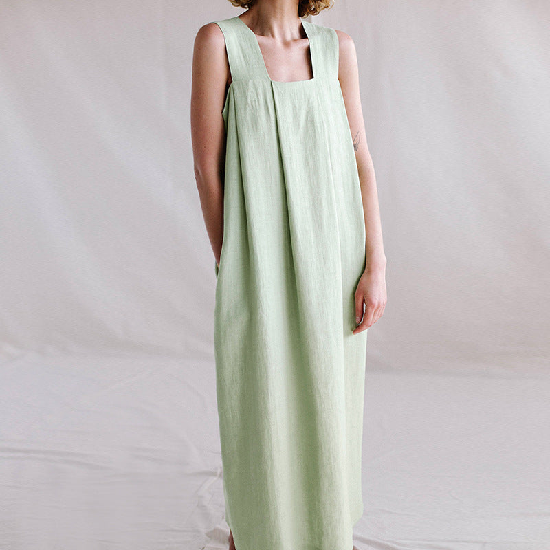 Ramie Sleeveless Square Neck Long Dress