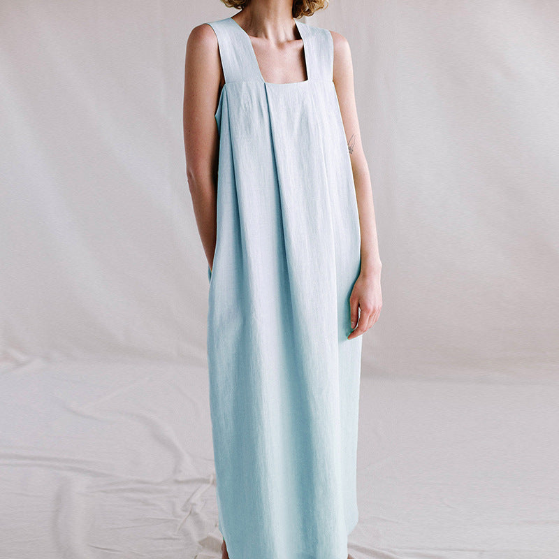 Ramie Sleeveless Square Neck Long Dress