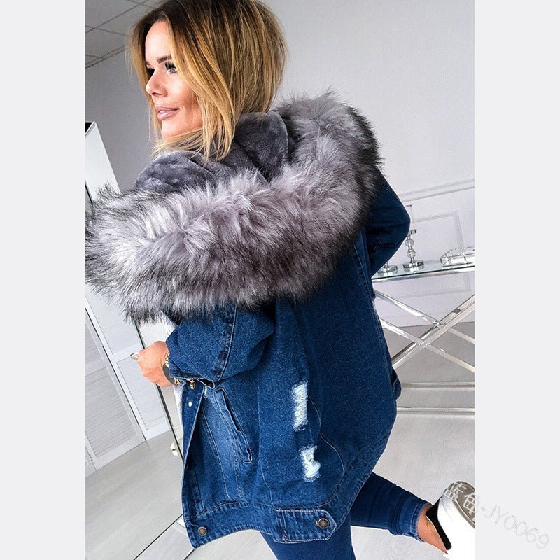 European And American Retro Big Fur Collar Denim Jacket Temperament Commuting To Keep Warm Mid-Length Broken Hole Distressed Coat