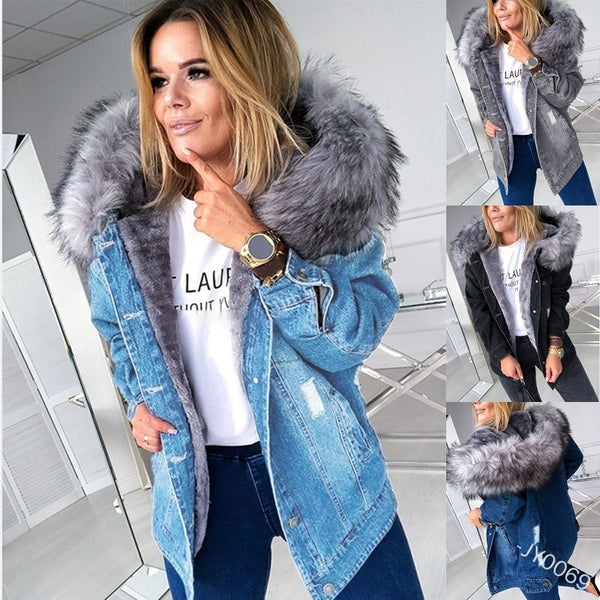 European And American Retro Big Fur Collar Denim Jacket Temperament Commuting To Keep Warm Mid-Length Broken Hole Distressed Coat