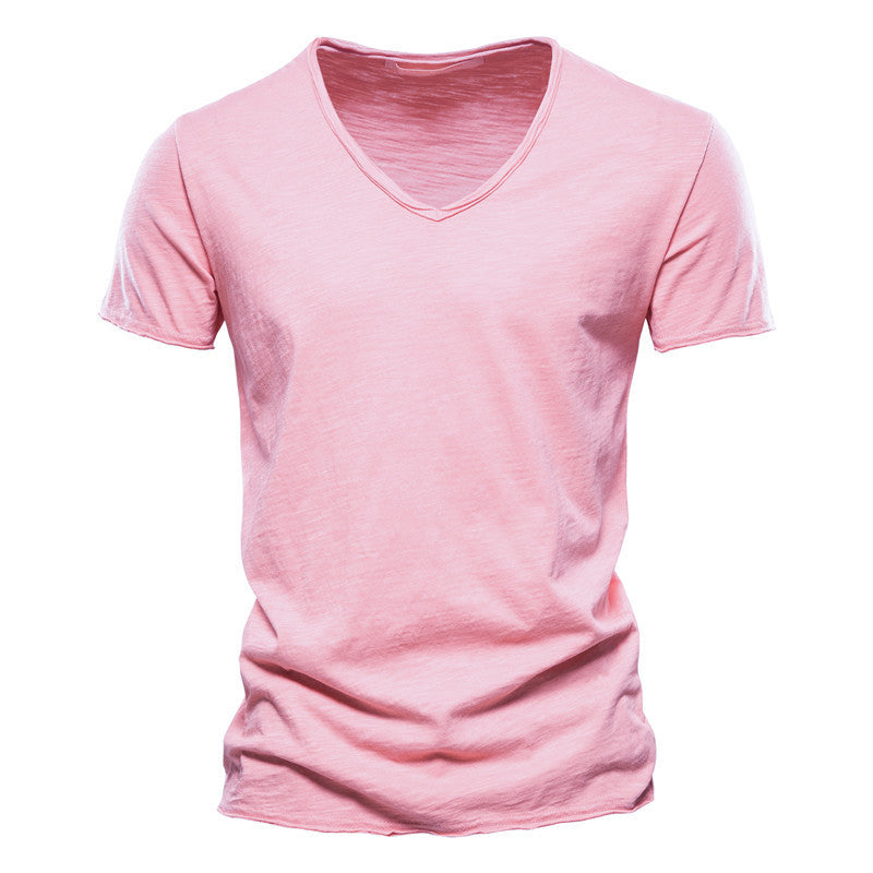 Men'S New Solid Color Slubby Cotton Short Sleeve T-Shirt