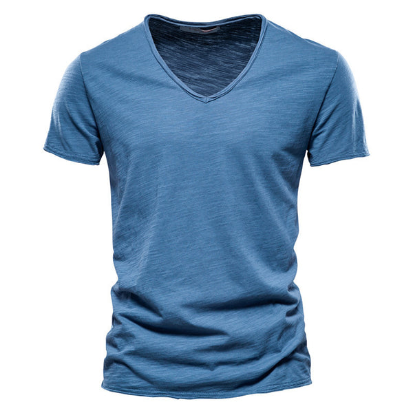 Men'S New Solid Color Slubby Cotton Short Sleeve T-Shirt