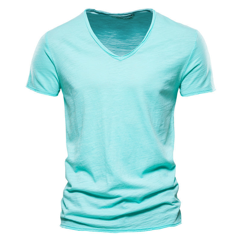 Men'S New Solid Color Slubby Cotton Short Sleeve T-Shirt