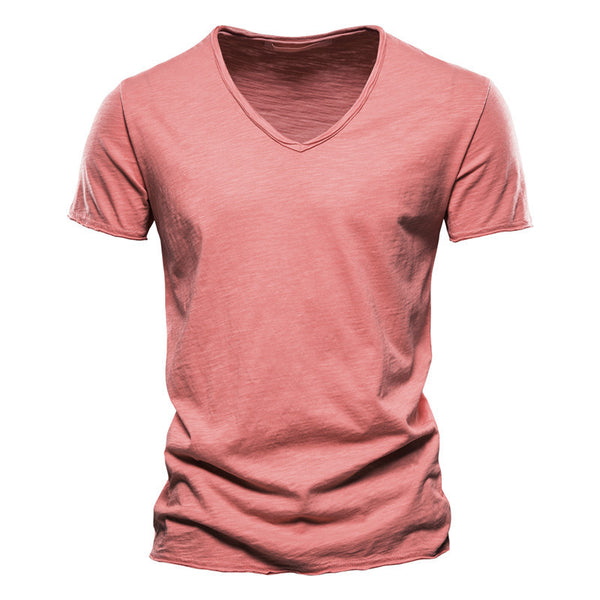 Men'S New Solid Color Slubby Cotton Short Sleeve T-Shirt