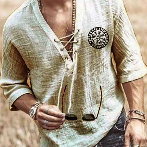 Printed Men's Chest Tie Mid Sleeve T Shirt Shirt