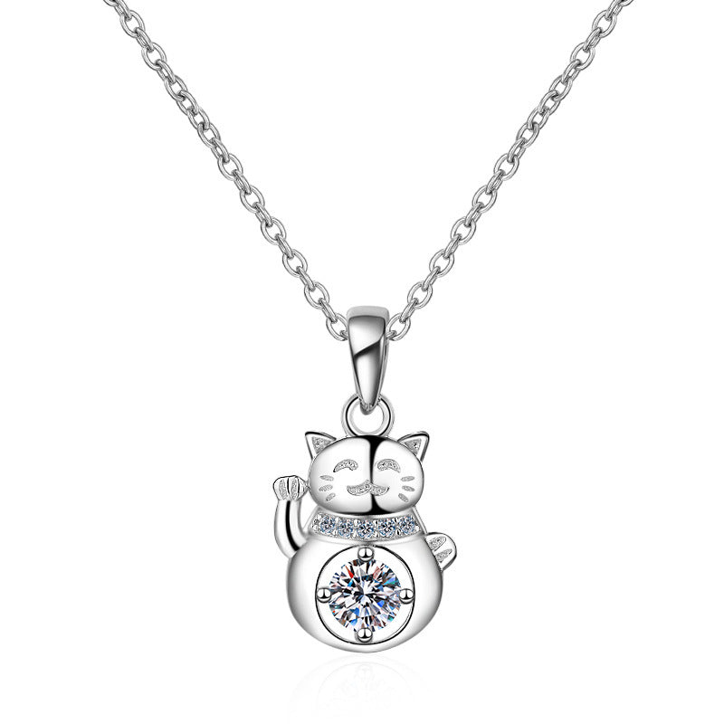 S925 Sterling Silver Moissanite Lucky Cat Necklace