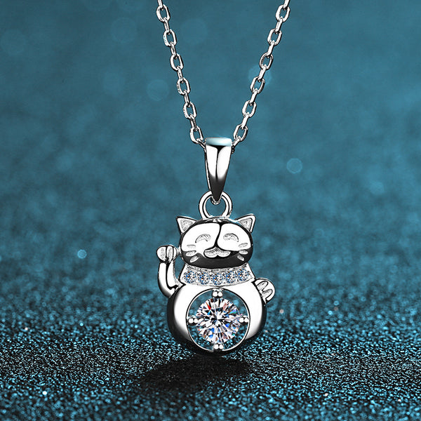 S925 Sterling Silver Moissanite Lucky Cat Necklace