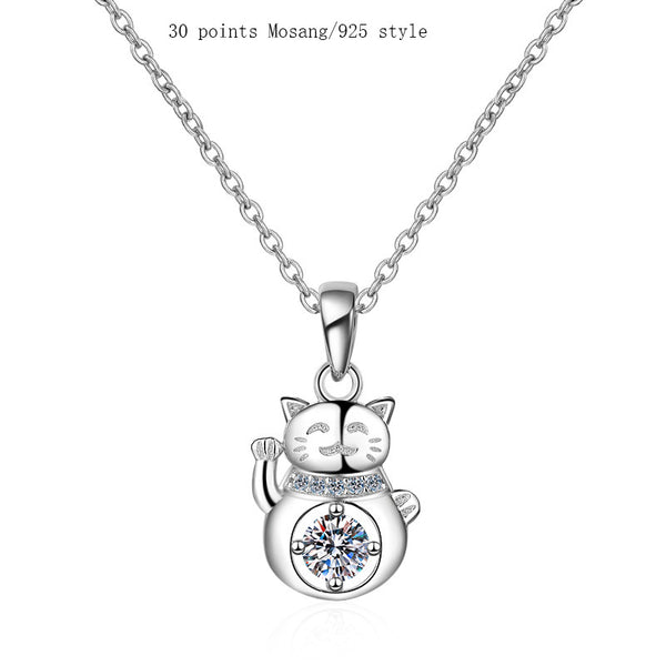 S925 Sterling Silver Moissanite Lucky Cat Necklace