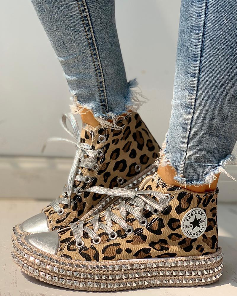 High-Top Single Shoes Women'S Leopard Print Flat Hemp Rope Rhinestone Lace-Up Canvas Shoes