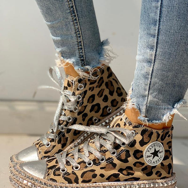 High-Top Single Shoes Women'S Leopard Print Flat Hemp Rope Rhinestone Lace-Up Canvas Shoes