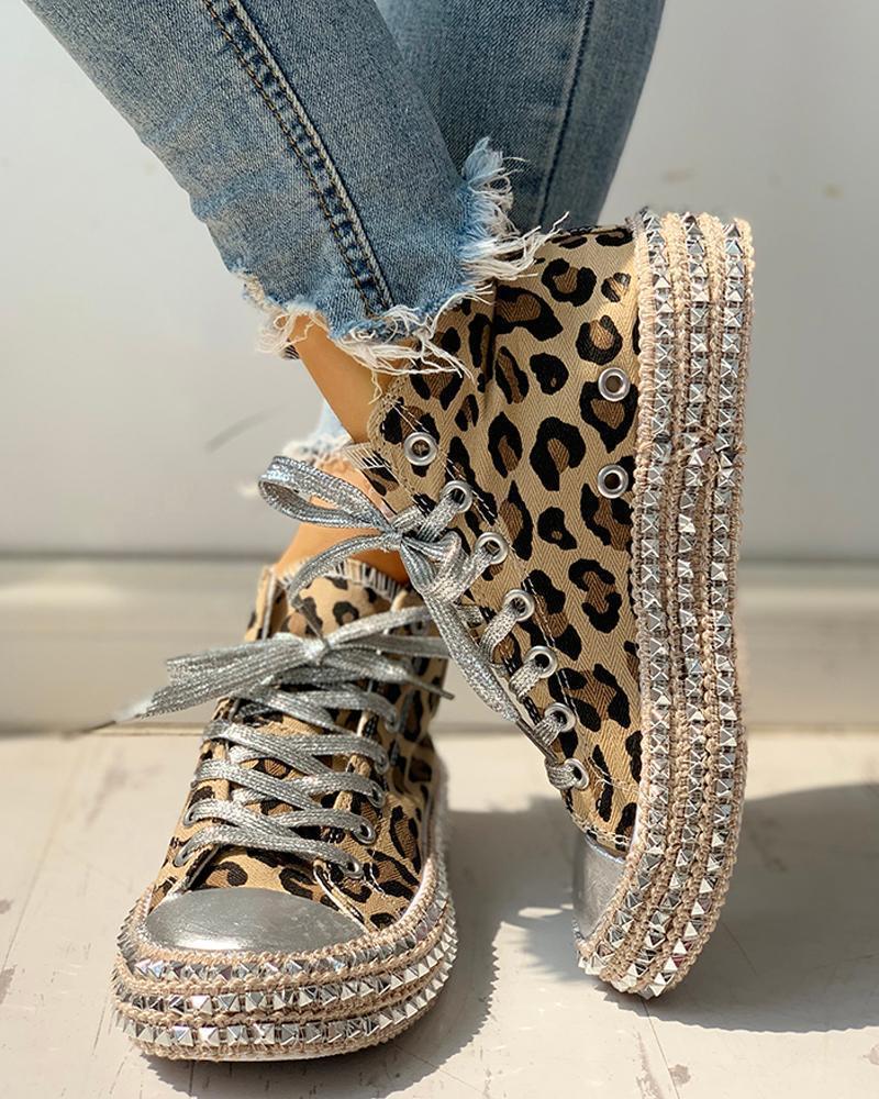 High-Top Single Shoes Women'S Leopard Print Flat Hemp Rope Rhinestone Lace-Up Canvas Shoes