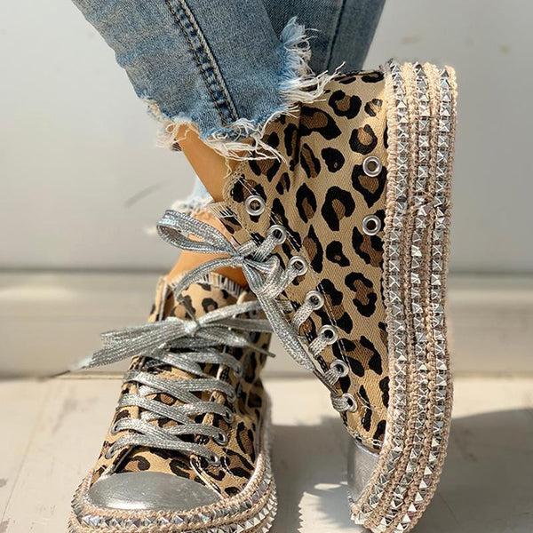 High-Top Single Shoes Women'S Leopard Print Flat Hemp Rope Rhinestone Lace-Up Canvas Shoes