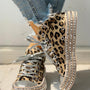 High-Top Single Shoes Women'S Leopard Print Flat Hemp Rope Rhinestone Lace-Up Canvas Shoes