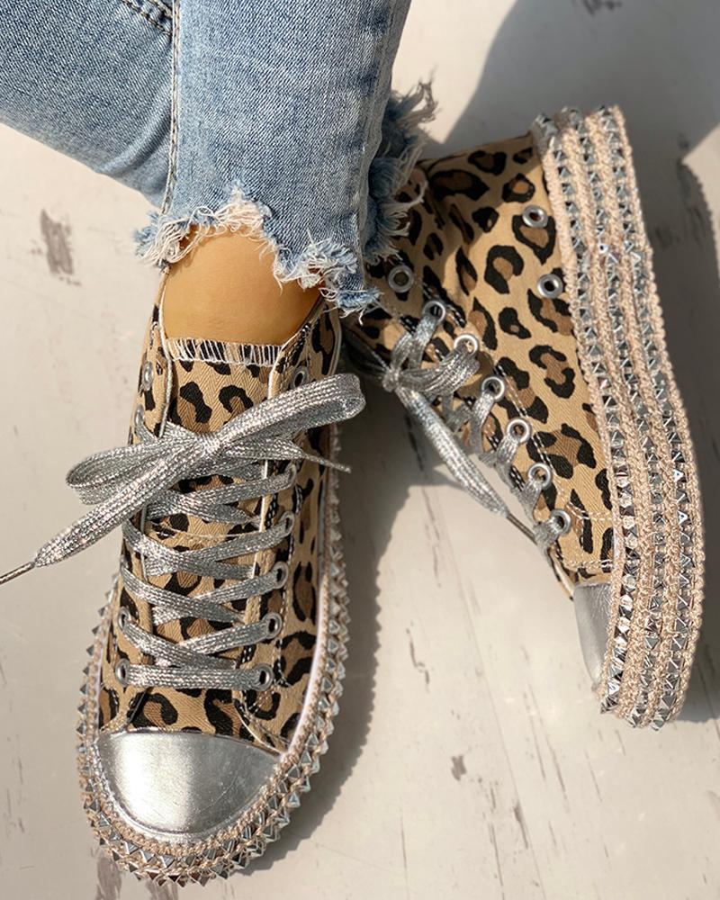 High-Top Single Shoes Women'S Leopard Print Flat Hemp Rope Rhinestone Lace-Up Canvas Shoes