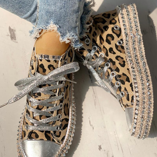 High-Top Single Shoes Women'S Leopard Print Flat Hemp Rope Rhinestone Lace-Up Canvas Shoes