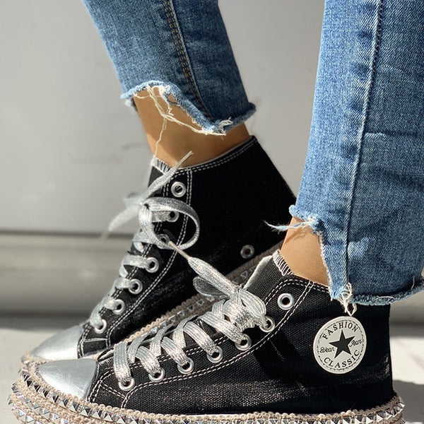 High-Top Single Shoes Women'S Leopard Print Flat Hemp Rope Rhinestone Lace-Up Canvas Shoes