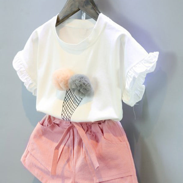 Children'S Suit Summer New Style Korean Girl Fashion Casual Ice Cream Short-Sleeved T-Shirt And Shorts Two-Piece Set