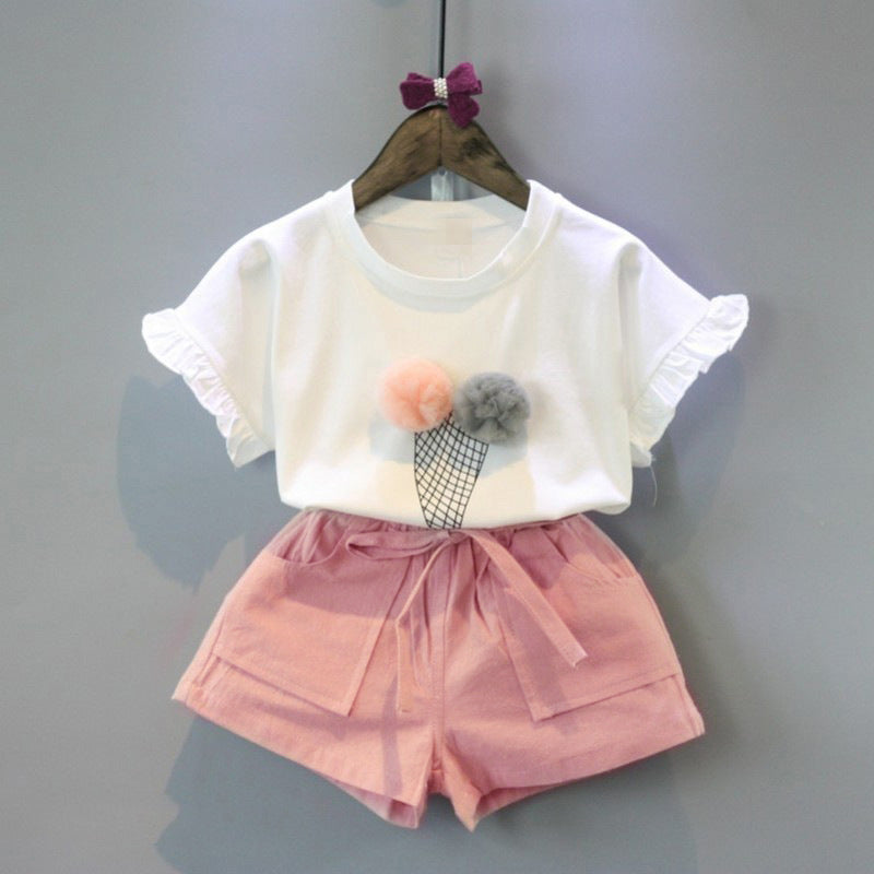 Children'S Suit Summer New Style Korean Girl Fashion Casual Ice Cream Short-Sleeved T-Shirt And Shorts Two-Piece Set