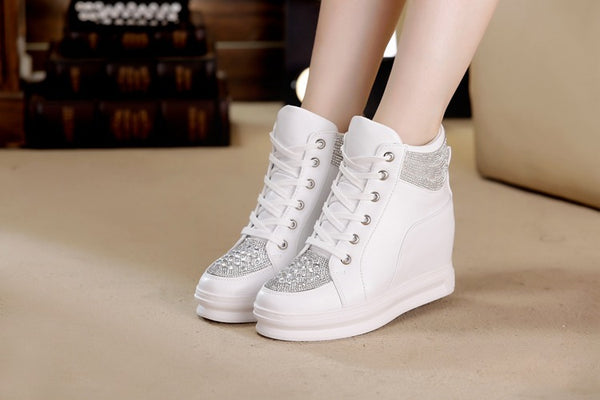 Womens Sneakers Shoes High Top Wedge Platform Heels Rhinestone