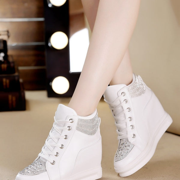 Womens Sneakers Shoes High Top Wedge Platform Heels Rhinestone