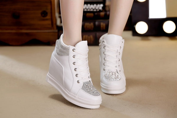 Womens Sneakers Shoes High Top Wedge Platform Heels Rhinestone