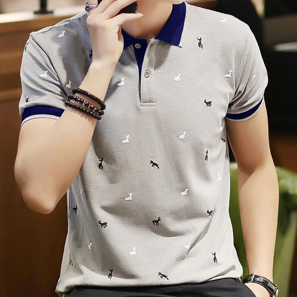 Summer Men's Thin Polo Shirt Fawn Print Lapel T-Shirt Large