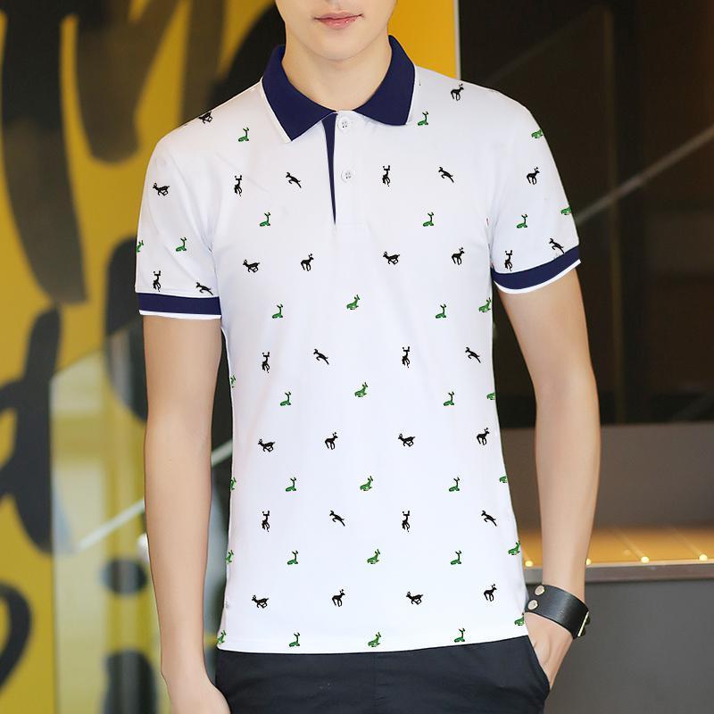 Summer Men's Thin Polo Shirt Fawn Print Lapel T-Shirt Large