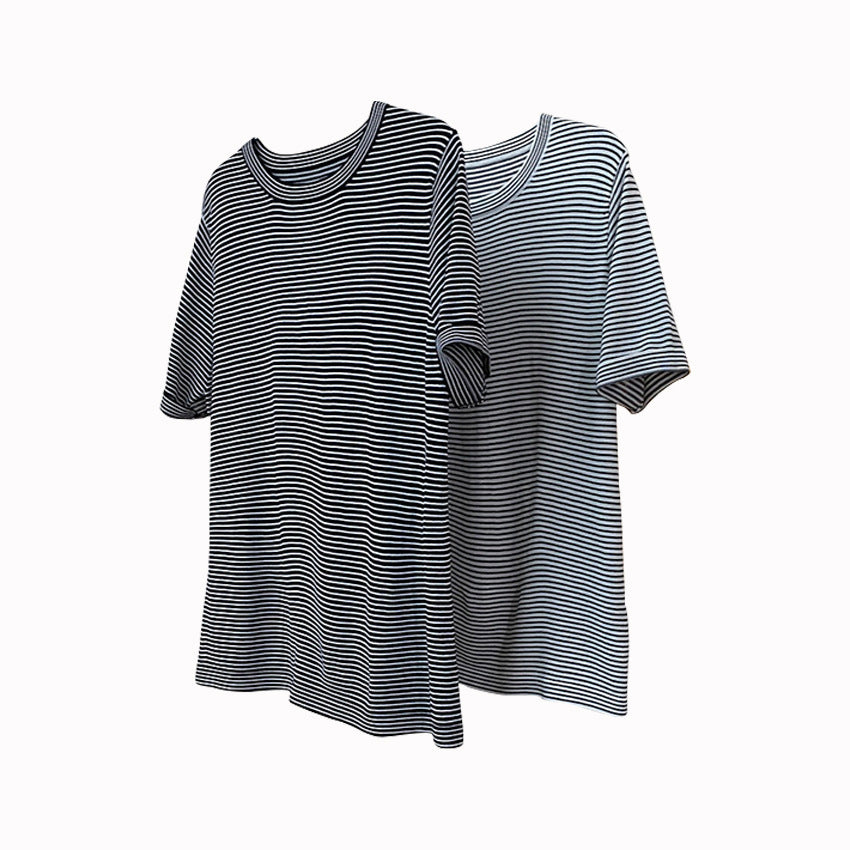 Summer New Korean Style Simple Stripe Short Sleeve T-Shirt Looks Thin And Loose