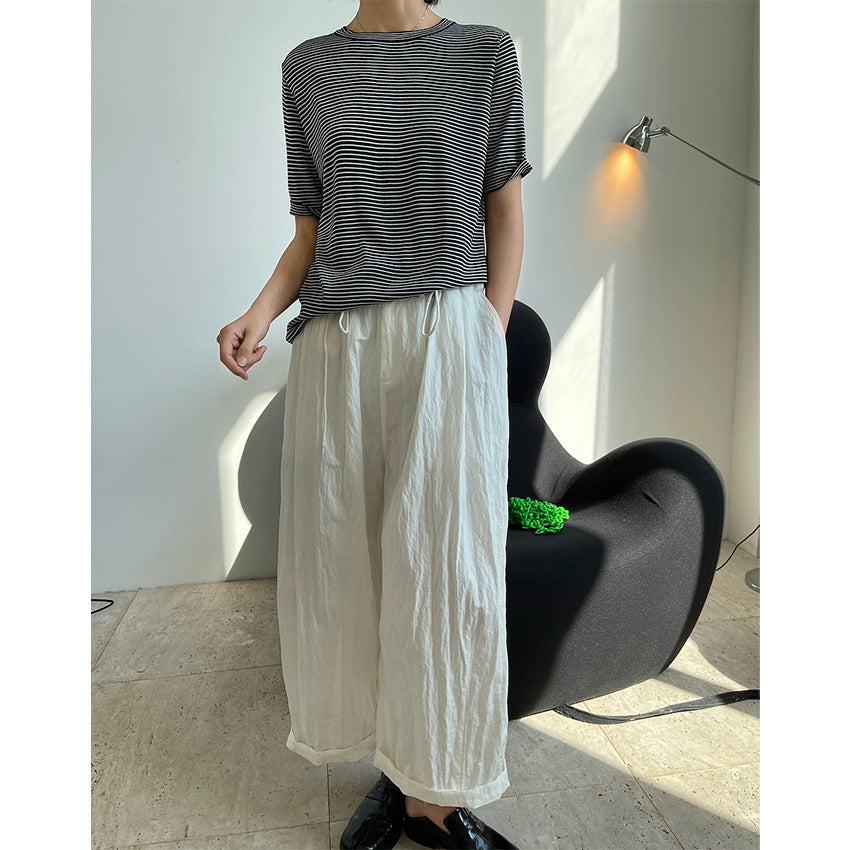 Summer New Korean Style Simple Stripe Short Sleeve T-Shirt Looks Thin And Loose