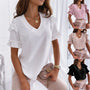 Pure Color Ruffled Short Sleeved V Neck Simple Shirt For Women