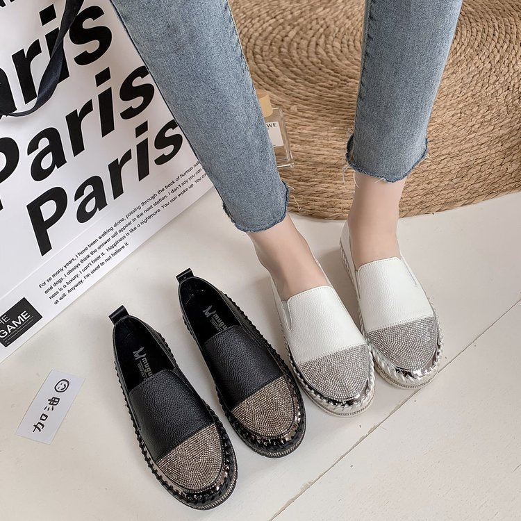 Slip-on Leather Platform Rhinestone Slip-on Shoes