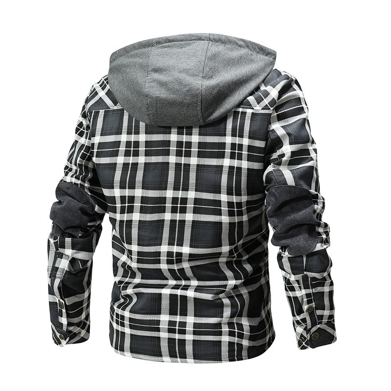 Men Warm Jacket Fleece Lining Lumberjack Plaid Hooded Jackets Snap Button