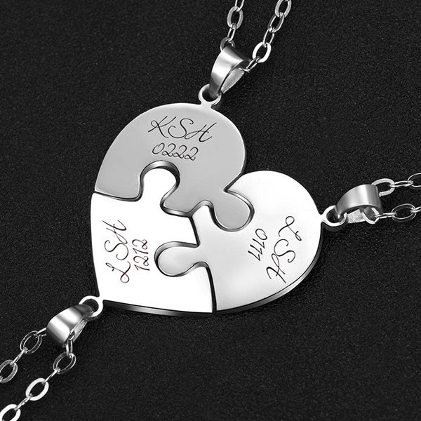 Engraved S925 Silver Jigsaw Puzzle Breakable Heart Pendant Necklaces for Couples, Friends & Family