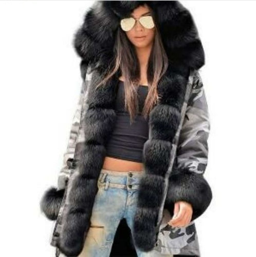 Large fur collar warm coat long hooded coat cotton coat