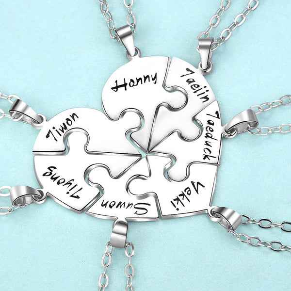 Engraved S925 Silver Jigsaw Puzzle Breakable Heart Pendant Necklaces for Couples, Friends & Family