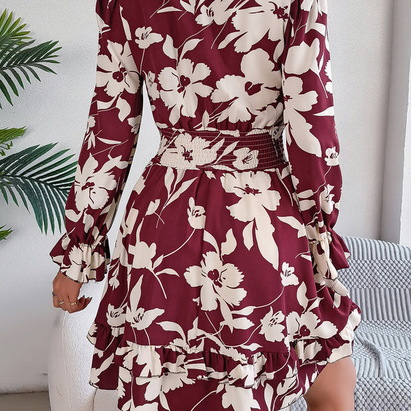 New Floral Printed V-Neck Long Sleeve Dress Fashion Ruffles Bowknot A-Line Short Dress Women's Clothing