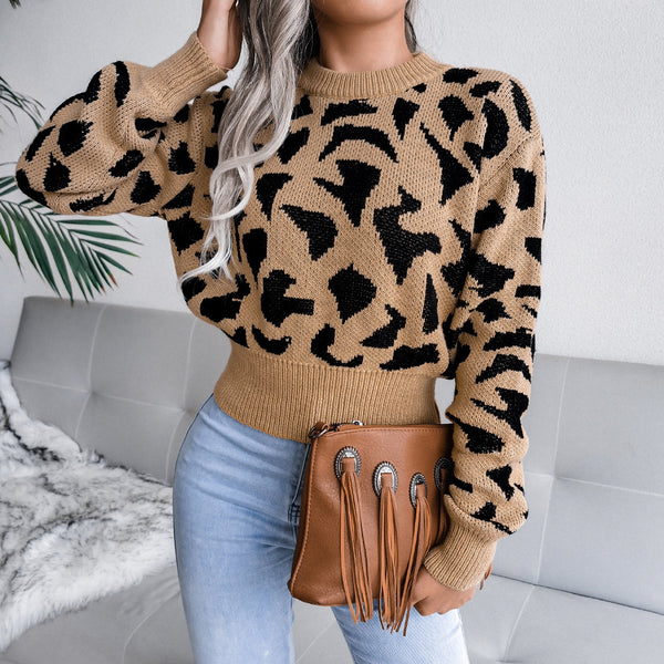 Women's Fashion Casual Leopard Print Waist Trimming Knitted Midriff-baring Sweater