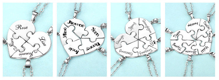 Engraved S925 Silver Jigsaw Puzzle Breakable Heart Pendant Necklaces for Couples, Friends & Family