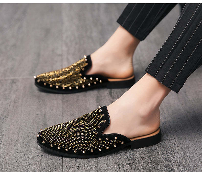 Men's Rhinestone Metal Half Drag Pointed-Toe Shoes