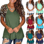 New Women's New V-Neck Leopard Print Stitching Short-Sleeved T-Shirt Top