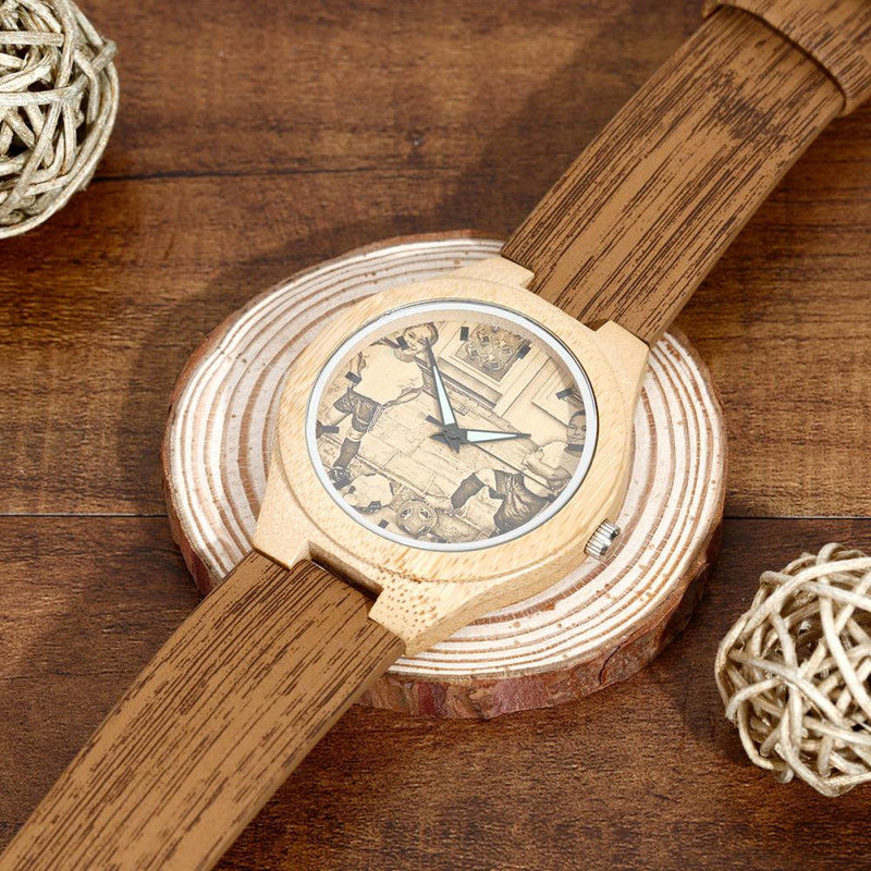 Women's  Bamboo Photo Engraved Watch Wooden Leather Strap 40mm