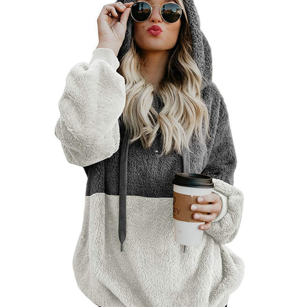 Women Casual Plush Hoodies Zipper Patchwork Hooded Drawstring Sweatshirt Autumn Winter Lady Hooded Warm Loose Tops