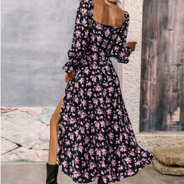 Flowers Printing Long Sleeve Dress Fashion Square-neck Bottom Slit Dresses Womens  Clothing