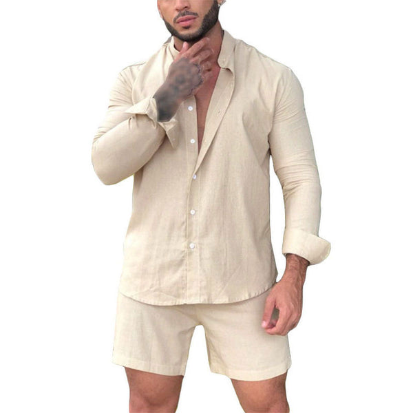 Men's Solid Color Long Sleeve Shirt Shorts Two Piece Set