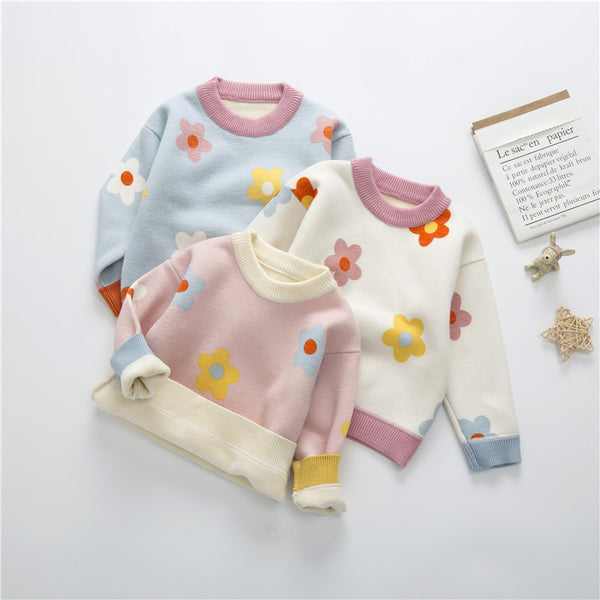 Autumn And Winter Children's Velvet Padded Sweater Girls' Baby Flower Thickened Pullover Knitting Bottoming Shirt