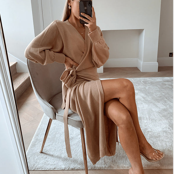 Casual solid color V-neck sexy lace up slit Knit Skirt